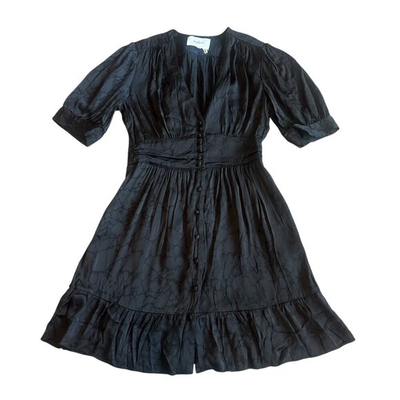 BA&SH Daniela Mini Dress Black Satin Puff Sleeve Subtle Print Size XS Women's - Picture 2 of 12